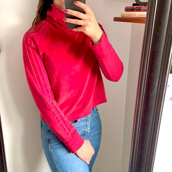 Adidas Red Mock Neck Turtleneck Velour Striped Arms - Picture 2 of 11